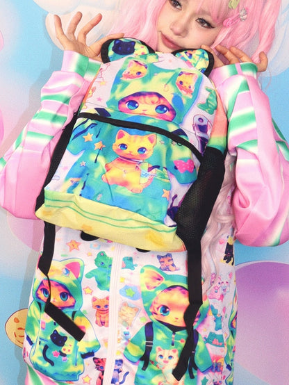 Backpack Green Cat Print Ears Y2K Bear