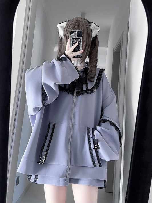 Kei Hoodie with Purple Bow Ear Jirai Tie Bunny Zip Lace