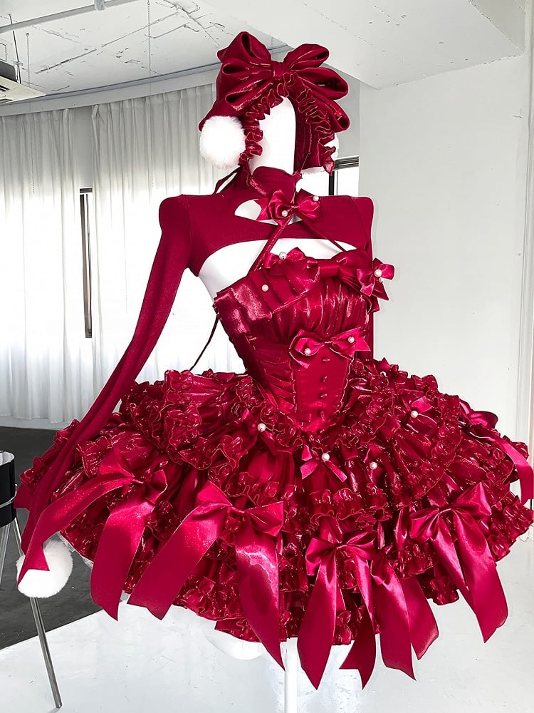 Rotes Weihnachtsoutfit, baskische Taille, Satinschleifen, trägerloses Puffkleid, kurzes Oberteil, komplettes Set