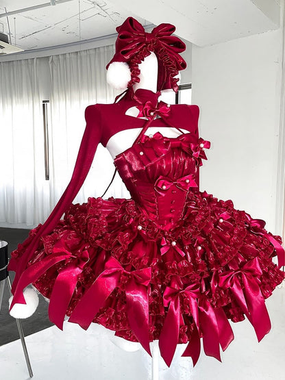 Rotes Weihnachtsoutfit, baskische Taille, Satinschleifen, trägerloses Puffkleid, kurzes Oberteil, komplettes Set