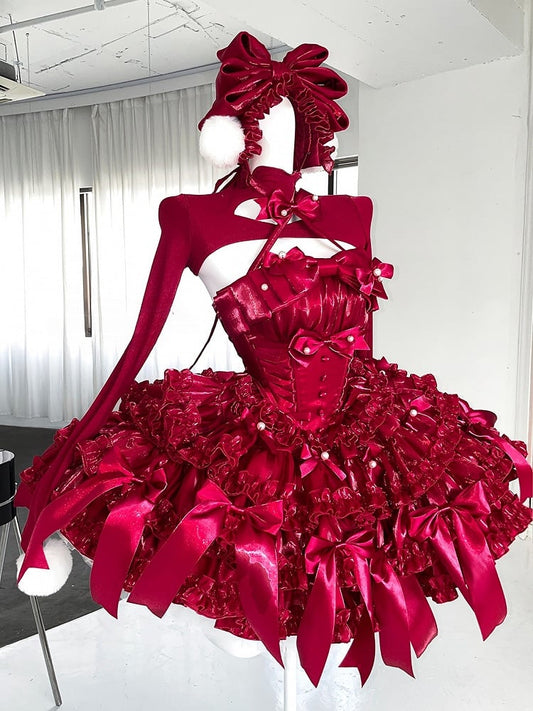 Rotes Weihnachtsoutfit, baskische Taille, Satinschleifen, trägerloses Puffkleid, kurzes Oberteil, komplettes Set