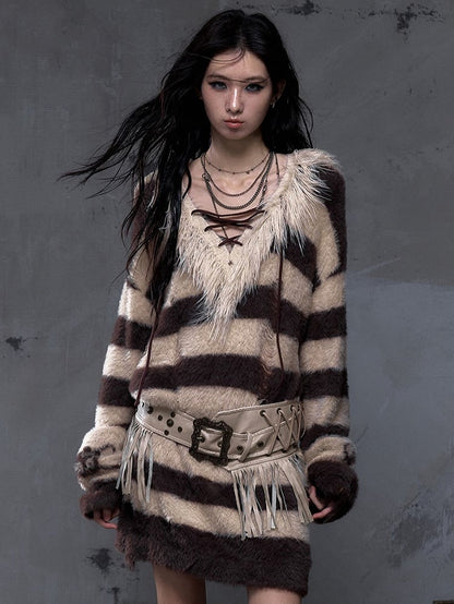 Fringes Lacing with Punk Waist Belt Vintage Crisscross Studded PU Khaki