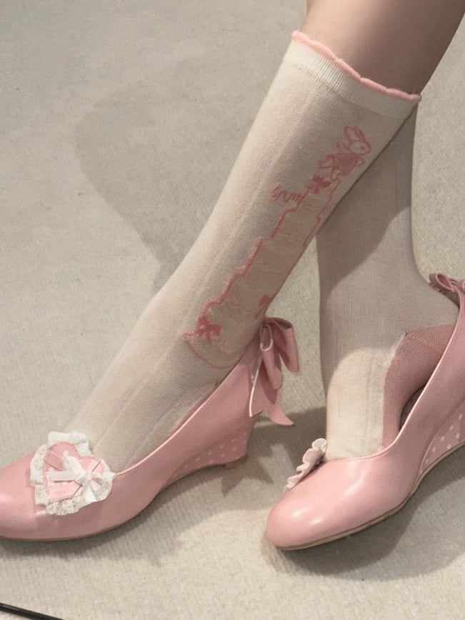 - Janes Heart Wedge Detachable Pink Mary Sweet PU Trimmed Lace Lolita