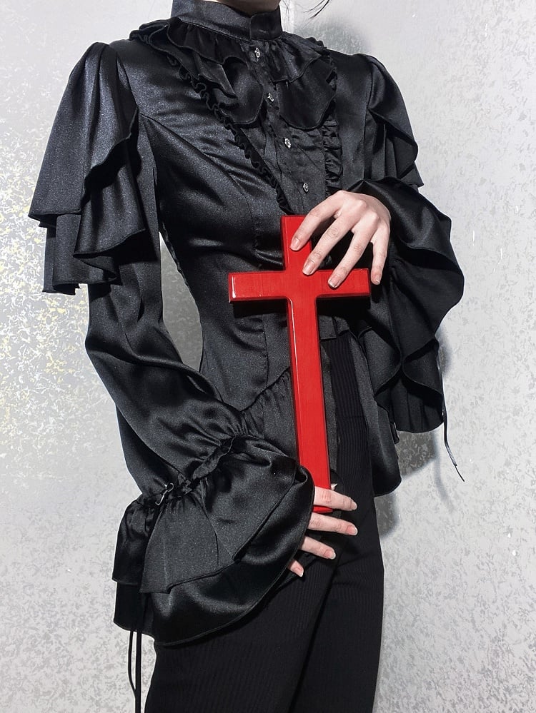 Black Shoulder Ruffle Panels Lolita Blouse with Aristocrat Cascading Ouji
