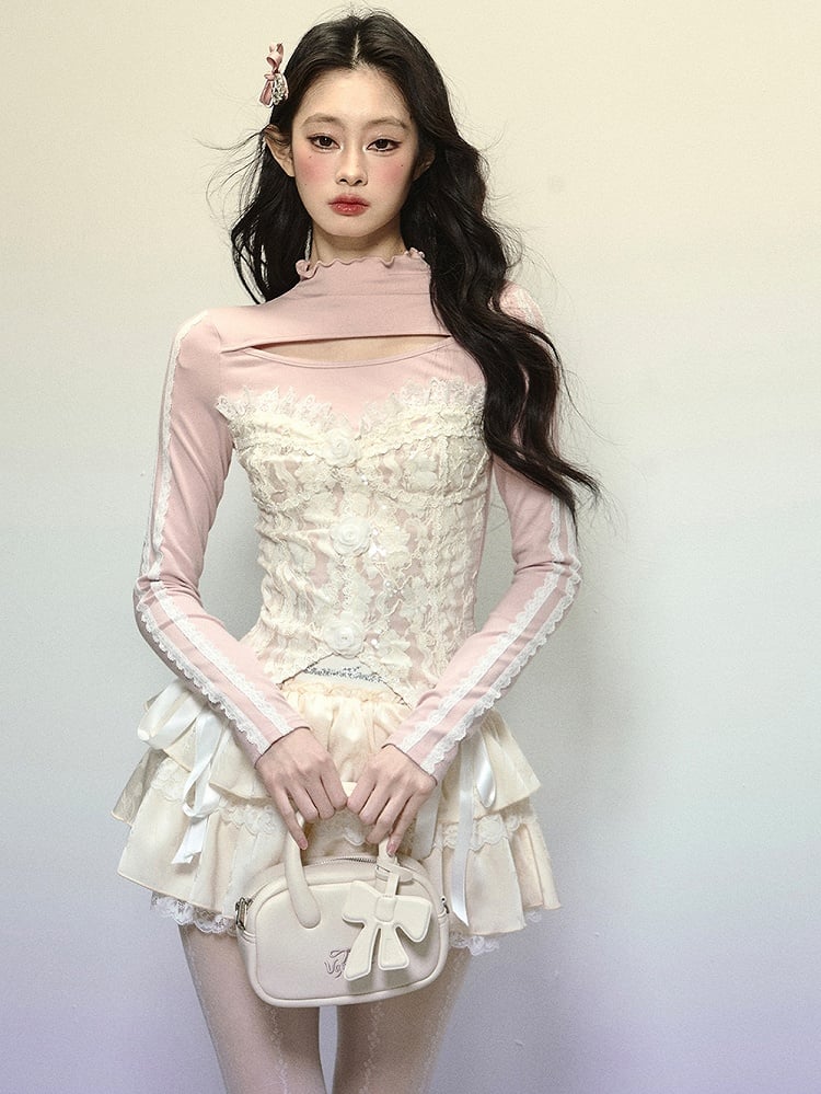 Rosa Patchwork-Top aus Spitze mit floralen Verzierungen und Cutout-Detail