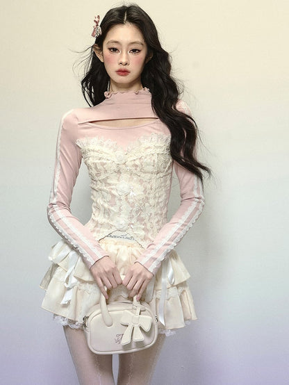 Rosa Patchwork-Top aus Spitze mit floralen Verzierungen und Cutout-Detail