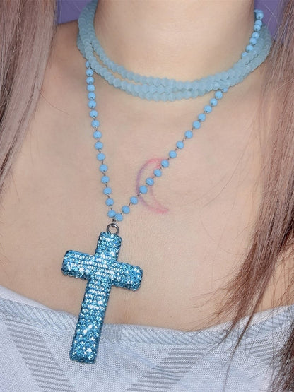 Necklace Layered Punk Pink/Blue Y2K Cross Rhinestone