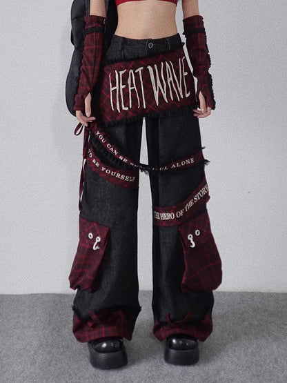 Plaid Black Cargo Pockets with Letters Jeans Embroidery Punk