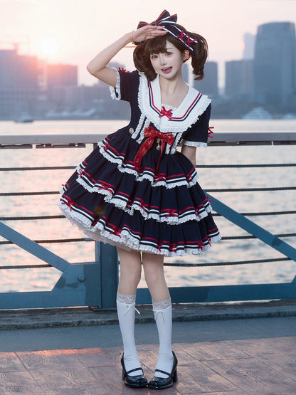 Lolita-Kleid, kurz, abnehmbar, Marineblau, mit Ärmeln, blau, Sommer-Matrosenkragen