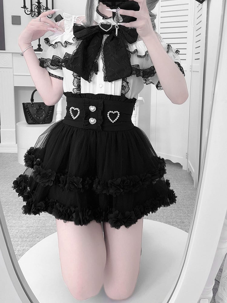 Sleeves Blouse Illusion Neckline White Short Contrast Black Lace with Jirai Kei Trim