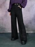 Gothic Black Flared Trousers with Asymmetrical Iris Embroidery - Quirky Hut