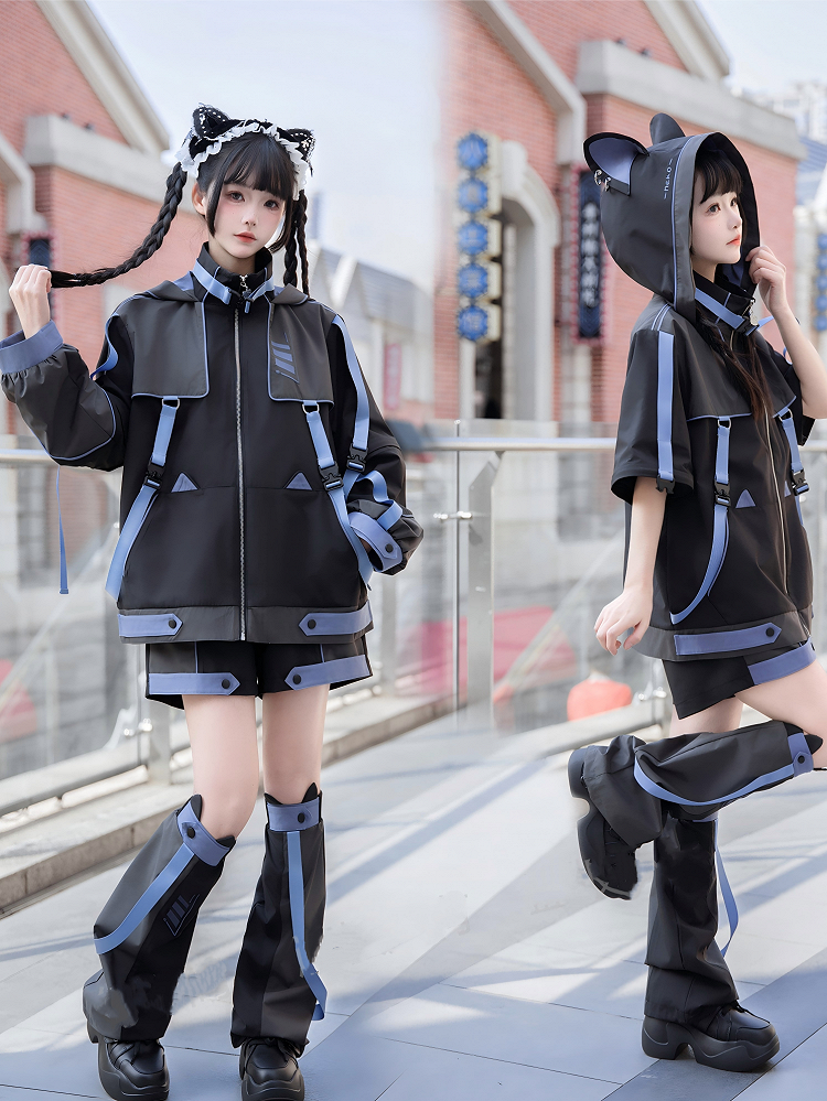 Cyber Ears Warmers Cuffs Neko Kitty Blue with Black and Leg