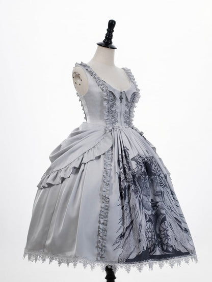 Lolita Bows Gray Detachable Waist with Dress Gothic Reaper at Print Grim Scale and