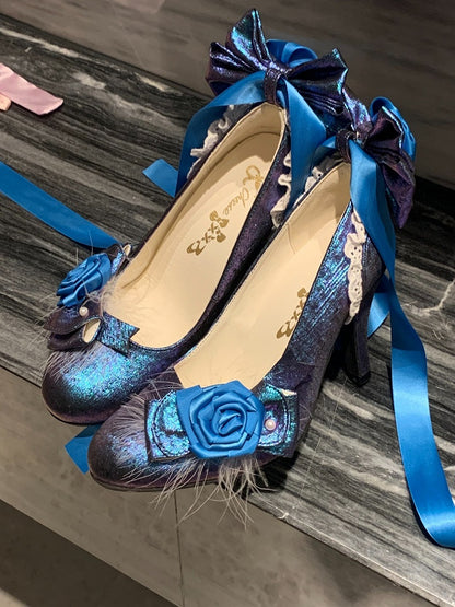 Blue & Purple Feather & Rose Theme 9.5cm High Heels with Lace-up Design - Cheese Mango