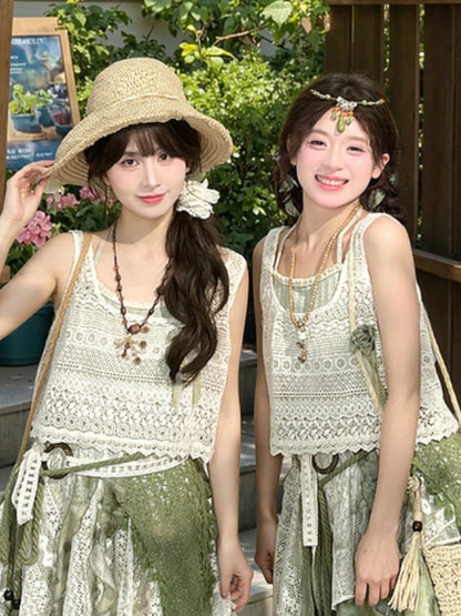 Floral Accent Beige Vest Hollow-Out Lace