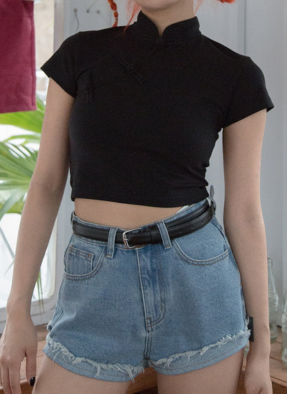 Frosch T-Shirt Crop Cheongsam Verfügbare Farben Knöpfe 5 Mandarin-Stil in mit Kragen -