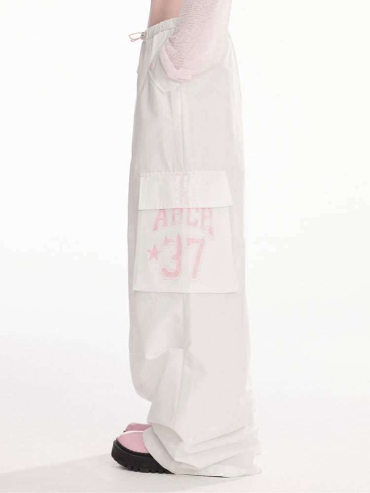 ドローストリングウエスト ストライプサイド ワイドレッグ カーゴパンツ ブラック/ホワイト