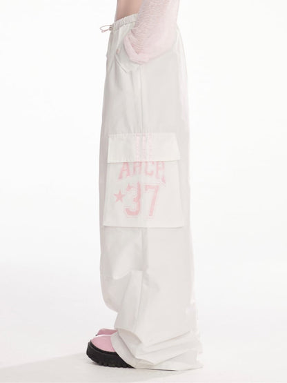 ドローストリングウエスト ストライプサイド ワイドレッグ カーゴパンツ ブラック/ホワイト