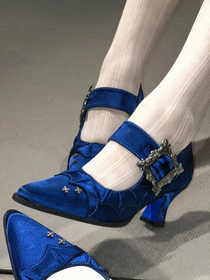 Satin Klein Blue 6.5CM Pointed Toe Heels with Bat Wing and Square Buckle Gothic Accents - NRose