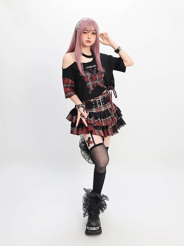 Rote Schmetterlingsapplikation Schwarz Asymmetrischer Ausschnitt T-Shirt Y2K Plaid