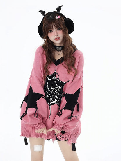 Web Spider Holes Pattern Sweater Hem Distressed Pink