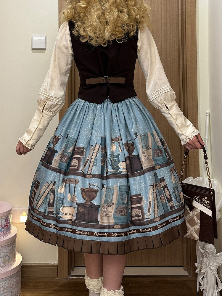 Blue Brown Coffee Cup Bookshelf Print Elegant Skirt Ruffled Hem - Dream Whale