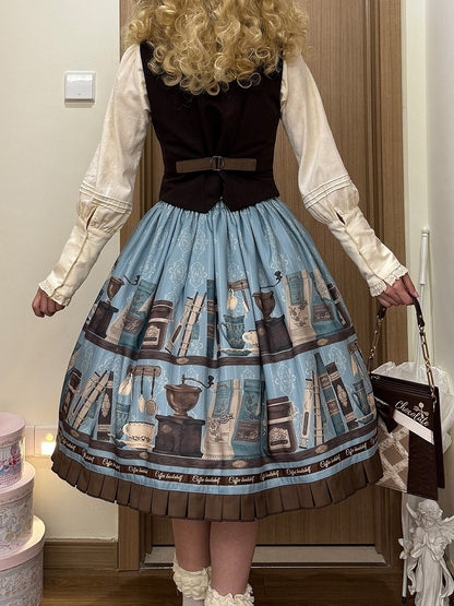 Blue Brown Coffee Cup Bookshelf Print Elegant Skirt Ruffled Hem - Dream Whale