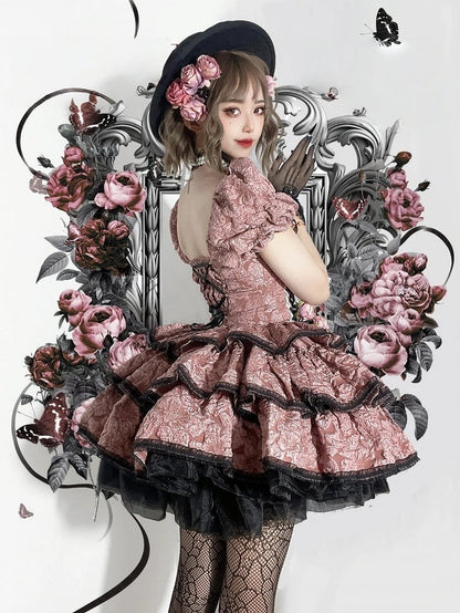 and Pink Floral Skirt with Dark Black Lolita Multi-Layered Dress OP Texture