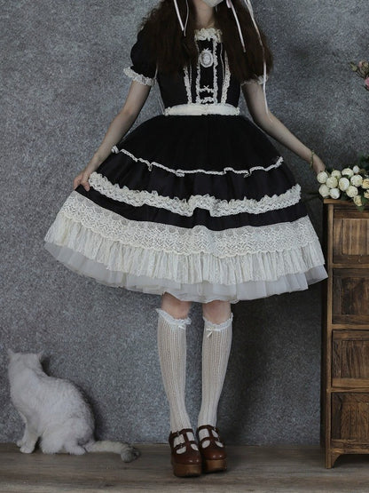 Black Square Neck Lace OP Dress with Bow - Tiny Garden