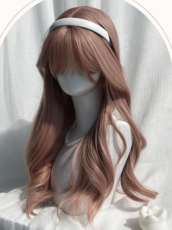 Rose Pink Long Wavy Synthetic Wig With Bangs