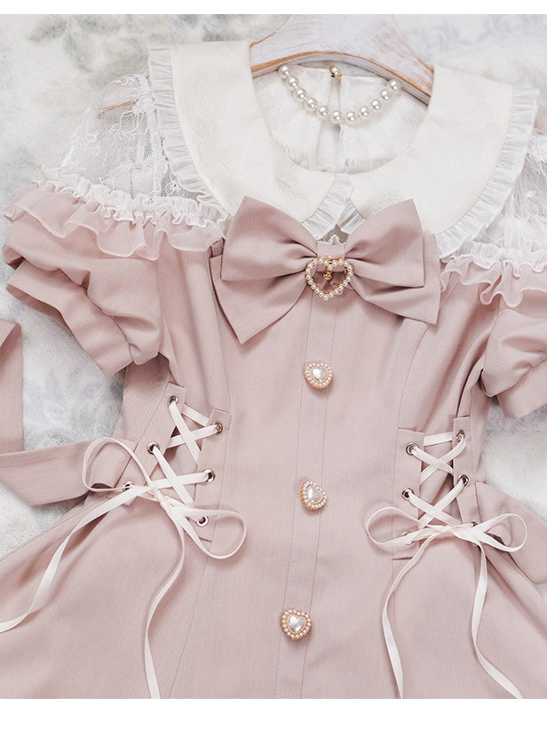 Spitzen-Outfit – Schnürung, Kei-Rüschenbesatz, Ärmel, kurze Jirai-Shorts in Pink + Oberteil mit Details