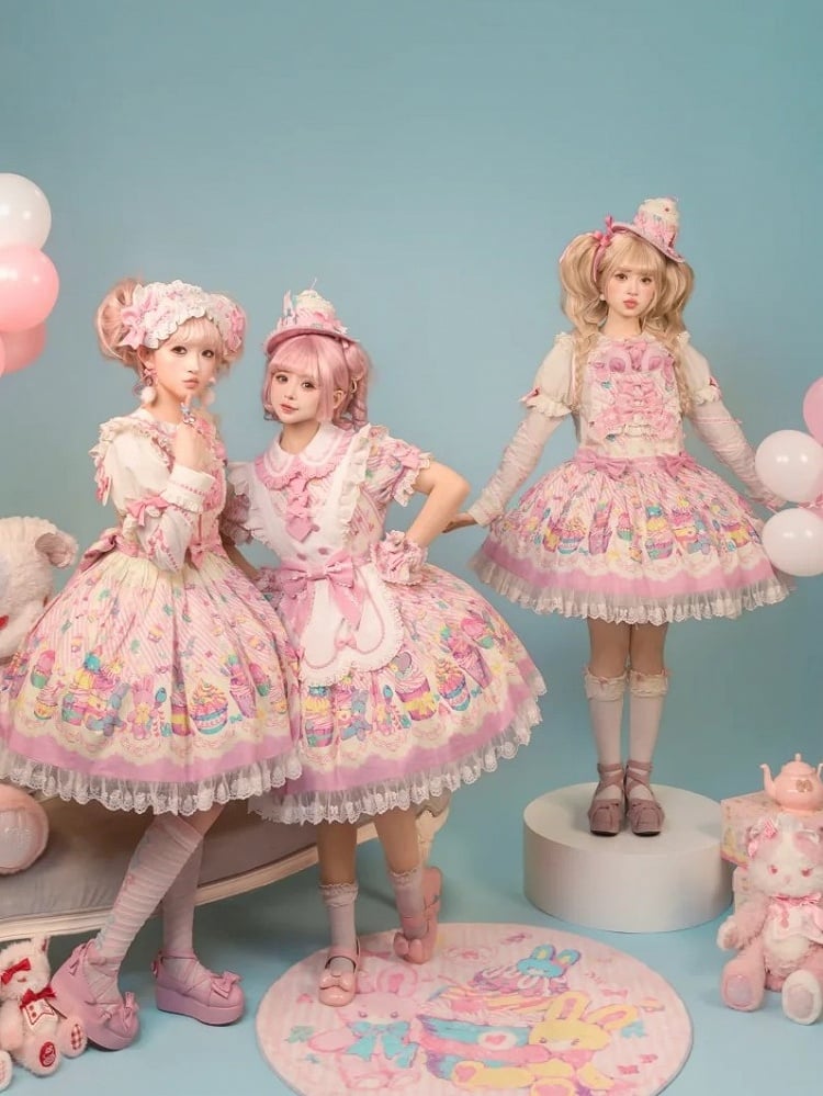 and Pink Sweet Lolita Bunny Print Dress Overall White Cupcake