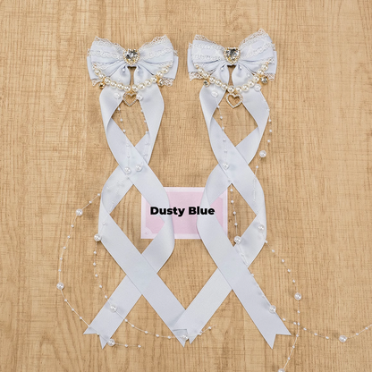 Colors Jirai Kei Heart Rhinestone 5 Bow Hairclips with Beaded Chains