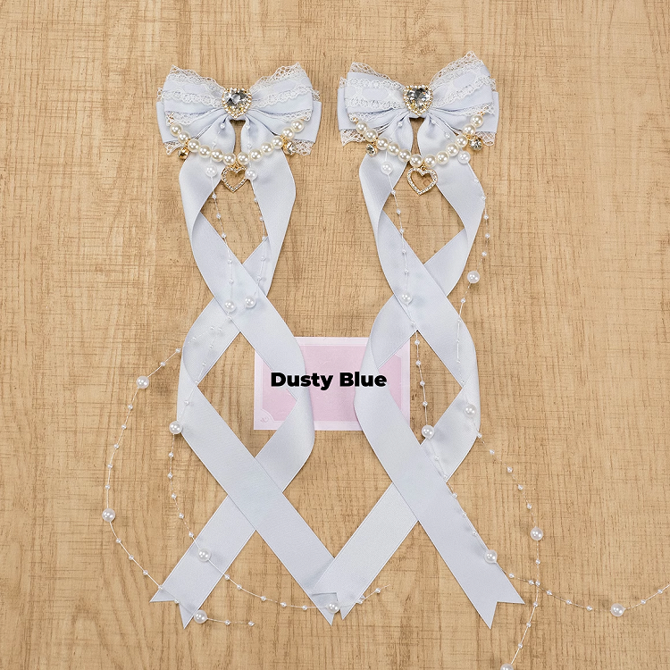 Rhinestone Bow Hairclips with Beaded Chains 5 Colors Jirai Kei Heart