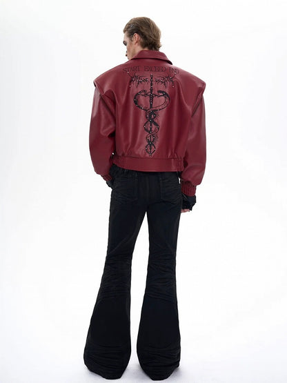 Jacket Red for Men Studded Details with in Punk PU