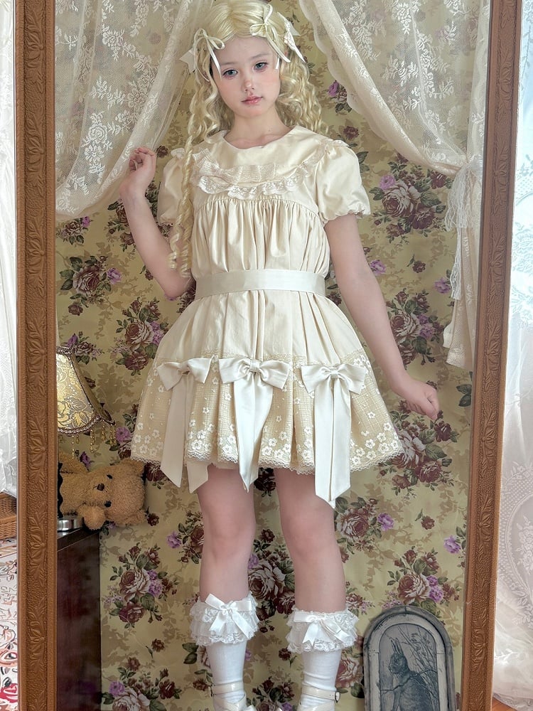 Sweet Beige Crew Neck Short Sleeve Lolita Dress Bow Accents - New Tea