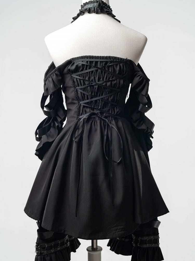 Black Halter Flare Long-Sleeve Dress with Leather Straps & Shorts Set - Bunny Rush