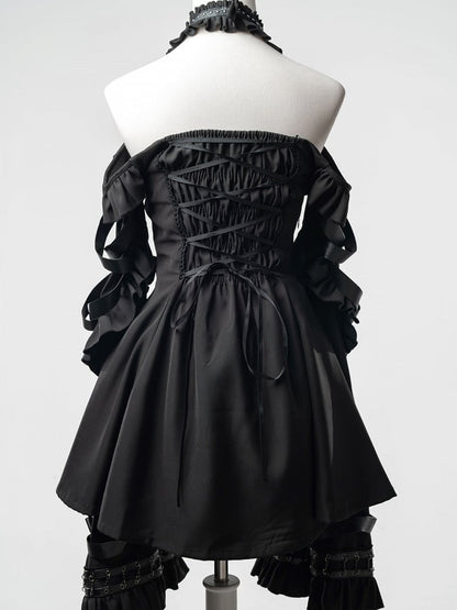 Black Halter Flare Long-Sleeve Dress with Leather Straps & Shorts Set - Bunny Rush