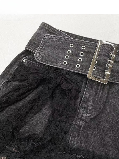 Y2K Red Plaid Pattern Hem Black Denim  Skirt+Buckle Strap Leg Warmers