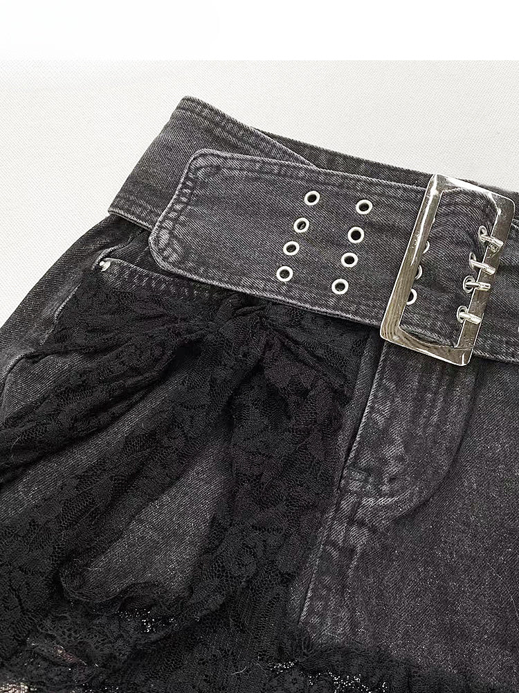 Stulpen Muster Rock + Schnalle Riemen Schwarz Denim Y2K Rot Bein Saum Plaid