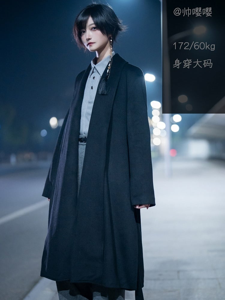 with Slit Black Open Belt Ouji Coat Side Placket Design Hem Unisex Set