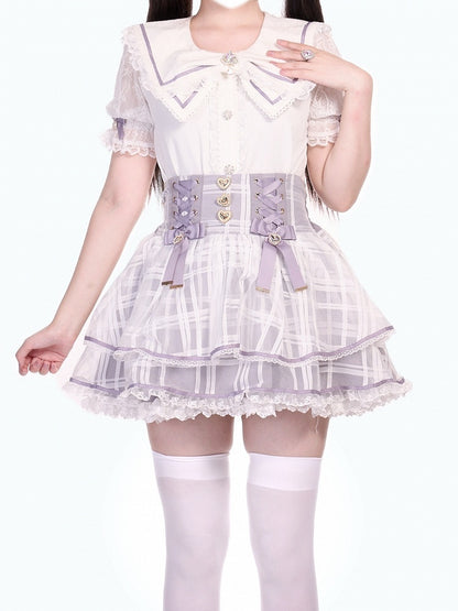 High Purple Plaid with Layer Lace-up Waist Jirai Triple Organza Skirt Detail Kei