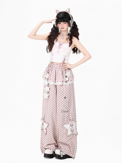 Sweet Cool Style Pink Polka Dot Straight Leg Pants with Skirt Overlay & Star Patches - CRAZY GIRL