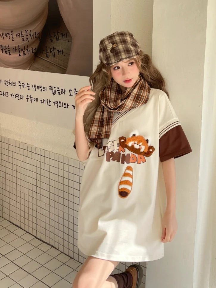 Long/Short Fashion Version T-Shirt with Detachable Plush Red Millard Panda Brown