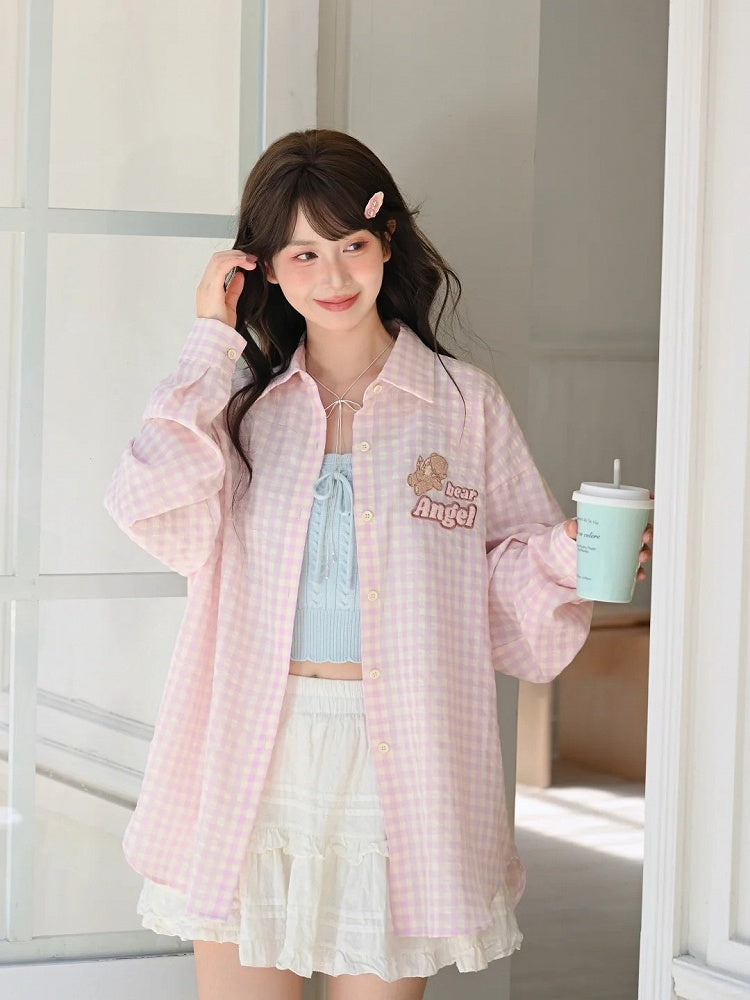 Pink Loose Plaid Shirt Adorable Bear Embroidery
