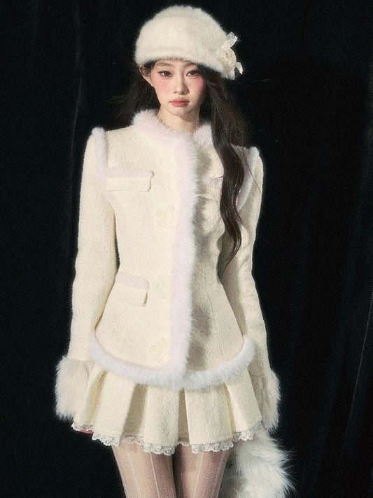 フラワーボタン アプリコット プラッシュトリム ジャカード ウール ジャケット