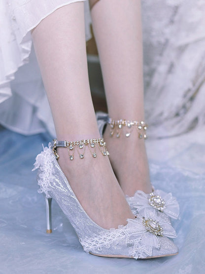 Silver Pointed Toe Heels with Crystal Details - One Night Language