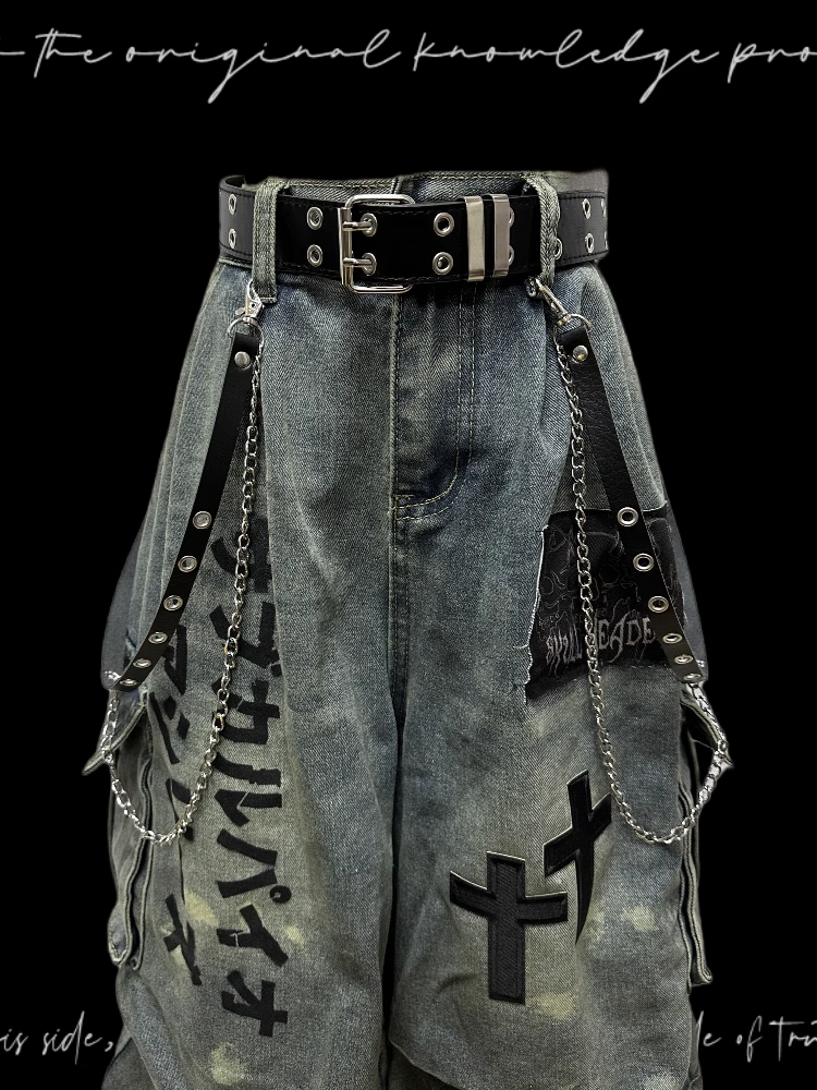 Light Wide-leg Appliques Cross Punk Blue Distressed Wasteland Jeans Cargo