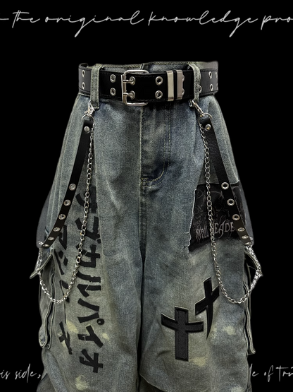 Light Wide-leg Appliques Cross Punk Blue Distressed Wasteland Jeans Cargo