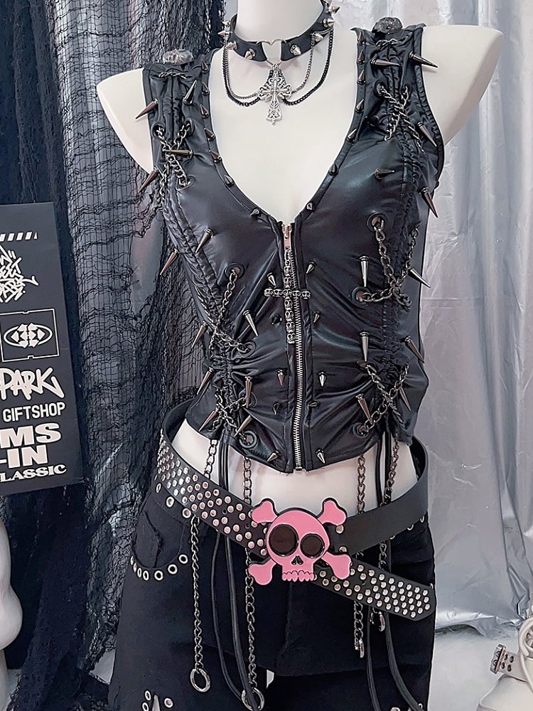 Modischer Gyaru verzierter Skelett-Taillengürtel aus PU in Schwarz und Rosa im Y2K-Stil